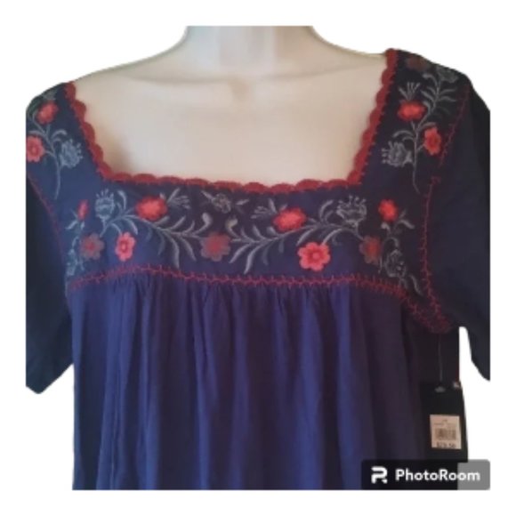 Lucky Brand Tops - Lucky Brand Navy Blue Embroidered Square Neck Blouse with Red Flowers